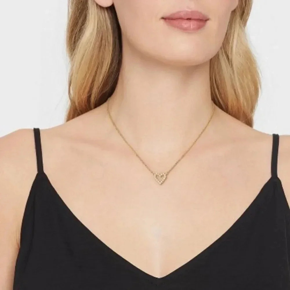 14K GOLD DIPPED LAB CREATED DIAMOND OPEN HEART PENDANT NECKLACE 15”